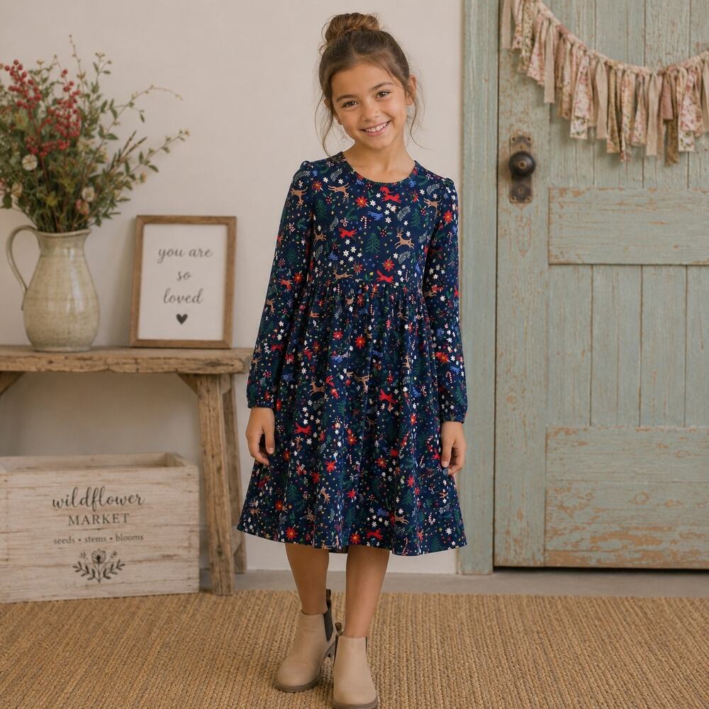 Hanna Andersson Navy Christmas Print Long Sleeve Knit Dress  girls 12